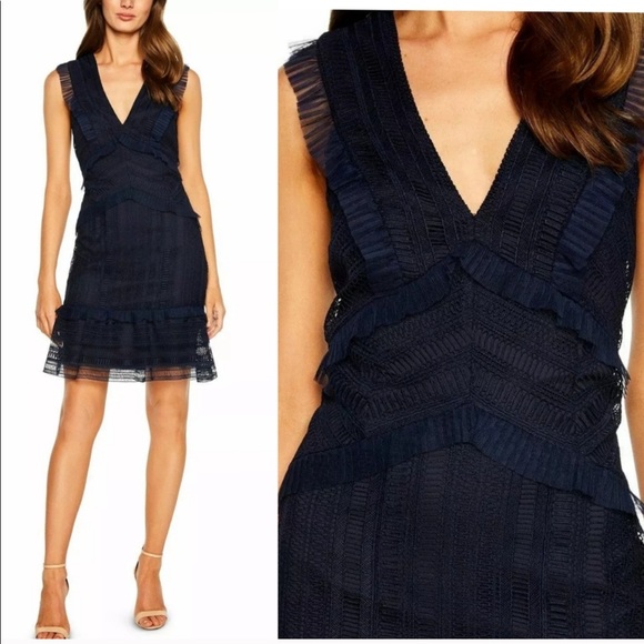 New $379 BARDOT Blue Geometric Lace Ruffle Dress - Picture 6 of 6